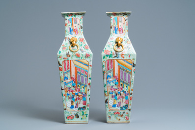 A pair of Chinese square famille rose celadon-ground vases on gilt bronze feet, 19th C.