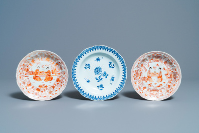 Nine Chinese blue, white, iron-red and gilt plates, Kangxi/Qianlong