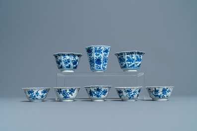 Nineteen Chinese blue and white cups and twenty-one saucers, Kangxi and later