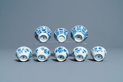 Nineteen Chinese blue and white cups and twenty-one saucers, Kangxi and later