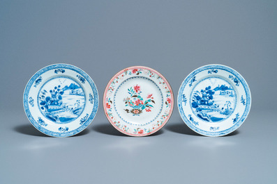 Nine Chinese blue, white, iron-red and gilt plates, Kangxi/Qianlong