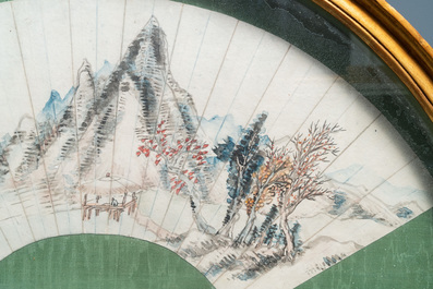 Chinese school, ink and color on paper fan leaf: 'Mountainous landscape', 19/20th C.