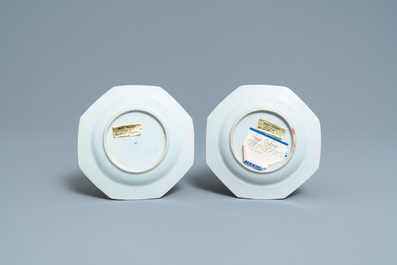A pair of Chinese octagonal famille rose 'immortals' plates, Yongzheng