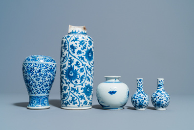 Five Chinese blue and white vases, Kangxi and later