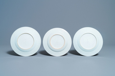 Nine Chinese blue, white, iron-red and gilt plates, Kangxi/Qianlong