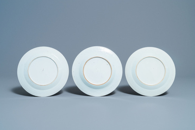 Nine Chinese blue, white, iron-red and gilt plates, Kangxi/Qianlong