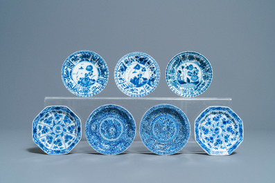 Nineteen Chinese blue and white cups and twenty-one saucers, Kangxi and later