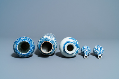 Five Chinese blue and white vases, Kangxi and later