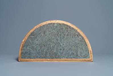 Chinese school, ink and color on paper fan leaf: 'Mountainous landscape', 19/20th C.
