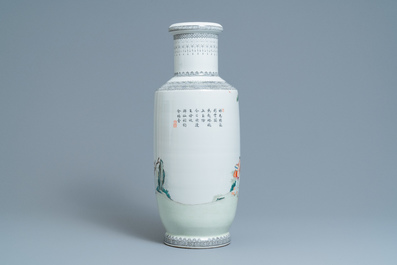 A Chinese famille rose rouleau vase with figures in a garden, Republic