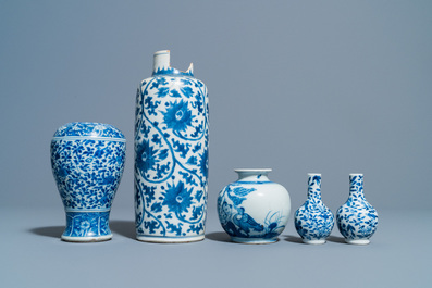 Five Chinese blue and white vases, Kangxi and later