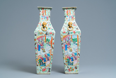 A pair of Chinese square famille rose celadon-ground vases on gilt bronze feet, 19th C.