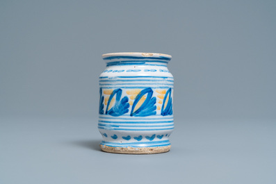 A polychrome maiolica albarello-type ointment jar, Northern Netherlands, ca. 1600