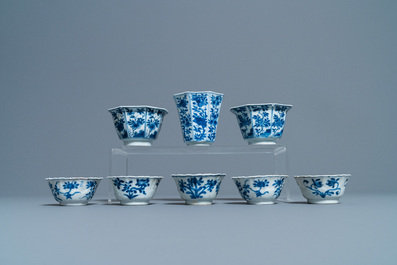 Nineteen Chinese blue and white cups and twenty-one saucers, Kangxi and later