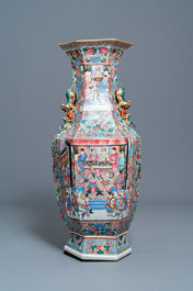 A large Chinese hexagonal famille rose vase, 19th C.