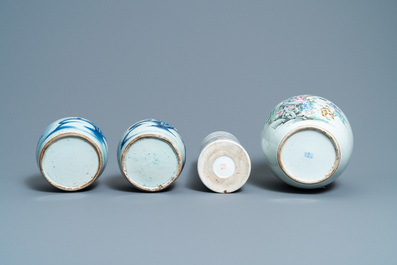 A pair of Chinese blue and white jars, a famille rose hat stand and a ginger jar, 18/19th C.