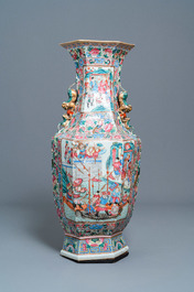 A large Chinese hexagonal famille rose vase, 19th C.