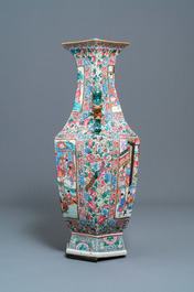 A large Chinese hexagonal famille rose vase, 19th C.