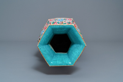 A large Chinese hexagonal famille rose vase, 19th C.