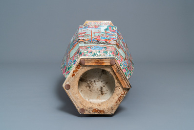 A large Chinese hexagonal famille rose vase, 19th C.