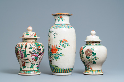 Three Chinese Nanking famille rose and verte crackle-glazed vases, 19/20th C.