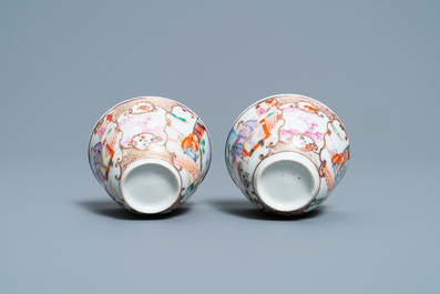 A pair of fine Chinese famille rose 'Mandarin' cups and saucers, Qianlong