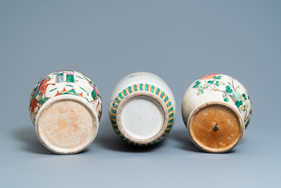 Three Chinese Nanking famille rose and verte crackle-glazed vases, 19/20th C.