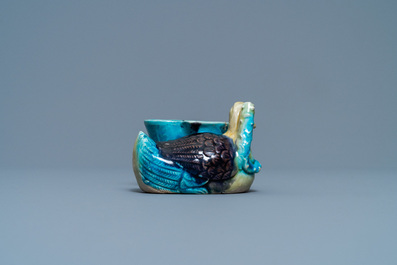 A Chinese aubergine- and turquoise-glazed duck and lotus-shaped water dropper, Kangxi