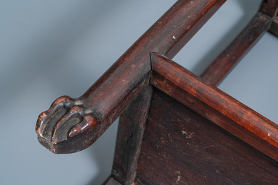Two Chinese hongmu wooden stands with marble tops, 19th C.