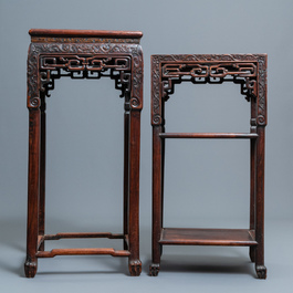 Two Chinese hongmu wooden stands with marble tops, 19th C.