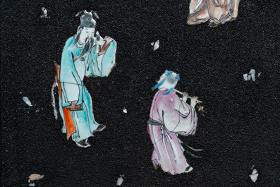 A pair of Chinese famille rose black gravel-ground plaques, Jiaqing