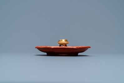 A Chinese octagonal famille rose incense stand with a miniature censer, 19th C.