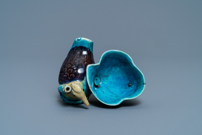 A Chinese aubergine- and turquoise-glazed duck and lotus-shaped water dropper, Kangxi