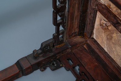 Two Chinese hongmu wooden stands with marble tops, 19th C.