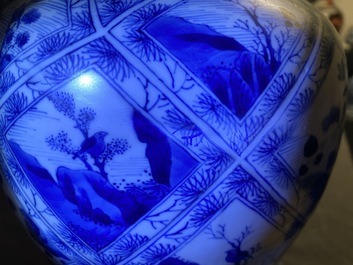 A large Chinese blue and white five-piece garniture with floral and landscape panels, Kangxi