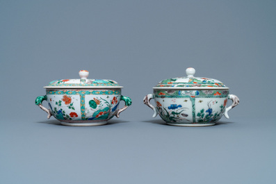 Two Chinese famille verte porringer bowls and covers, Kangxi