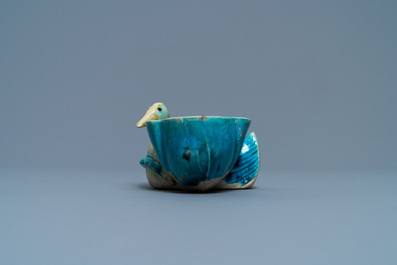 A Chinese aubergine- and turquoise-glazed duck and lotus-shaped water dropper, Kangxi