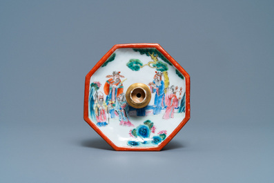 A Chinese octagonal famille rose incense stand with a miniature censer, 19th C.