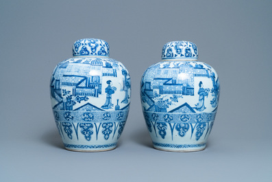 A pair of large Chinese blue and white jars and covers, Kangxi