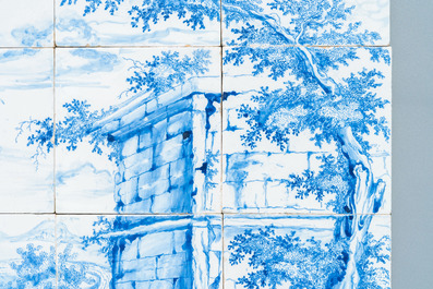 A very fine Dutch Delft blue and white tile mural with a shepherdess, 18th C.