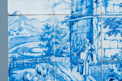 A very fine Dutch Delft blue and white tile mural with a shepherdess, 18th C.