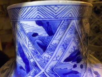 A large Chinese blue and white five-piece garniture with floral and landscape panels, Kangxi