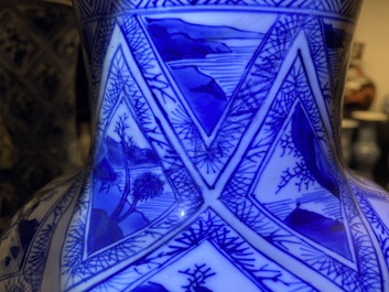 A large Chinese blue and white five-piece garniture with floral and landscape panels, Kangxi