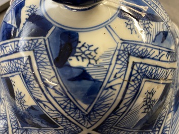 A large Chinese blue and white five-piece garniture with floral and landscape panels, Kangxi