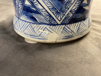 A large Chinese blue and white five-piece garniture with floral and landscape panels, Kangxi