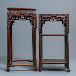 Two Chinese hongmu wooden stands with marble tops, 19th C.