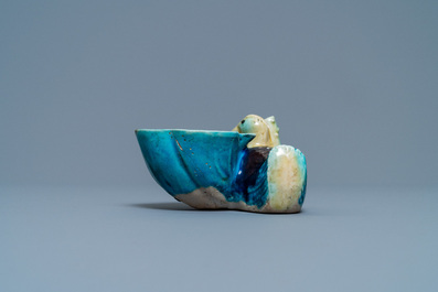 A Chinese aubergine- and turquoise-glazed duck and lotus-shaped water dropper, Kangxi