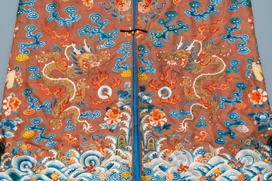 A Chinese embroidered silk brown-ground 'dragon' robe, 18/19th C.