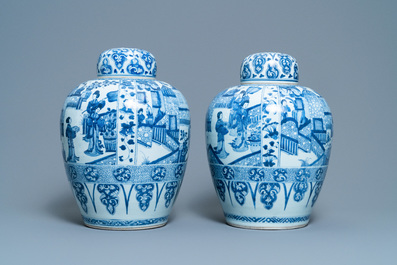 A pair of large Chinese blue and white jars and covers, Kangxi