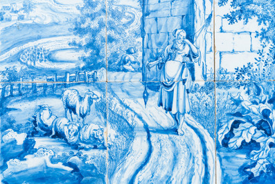 A very fine Dutch Delft blue and white tile mural with a shepherdess, 18th C.